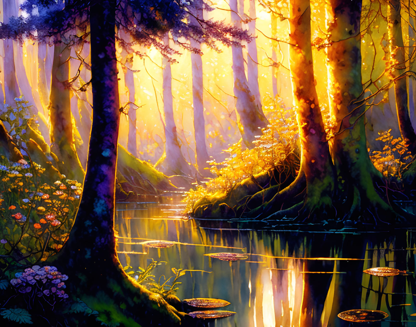 Tranquil Stream in Enchanted Forest with Golden Light