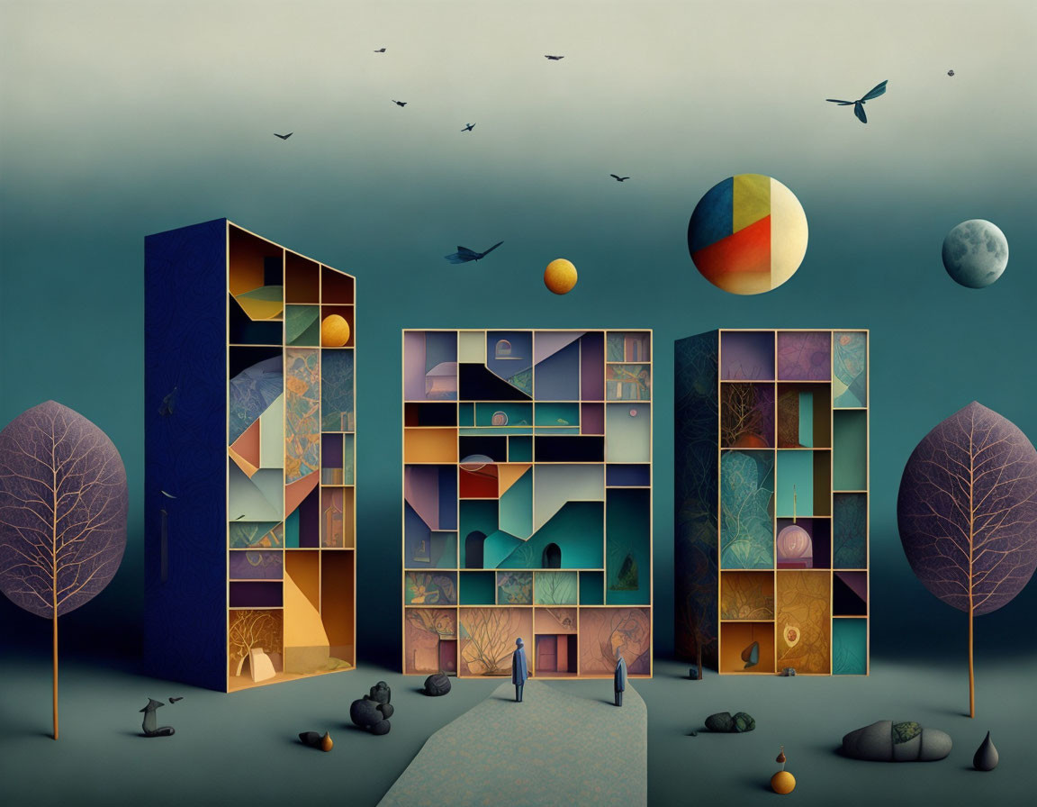 Surreal Landscape with Geometric Shelves and Eclectic Objects