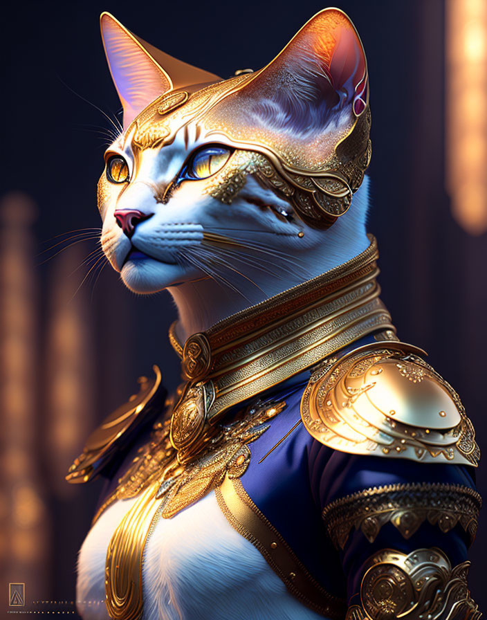 Regal cat with golden armor and ornate helmet standing majestically