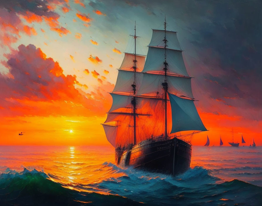 Sailing ship on ocean waves at sunset with vibrant sky