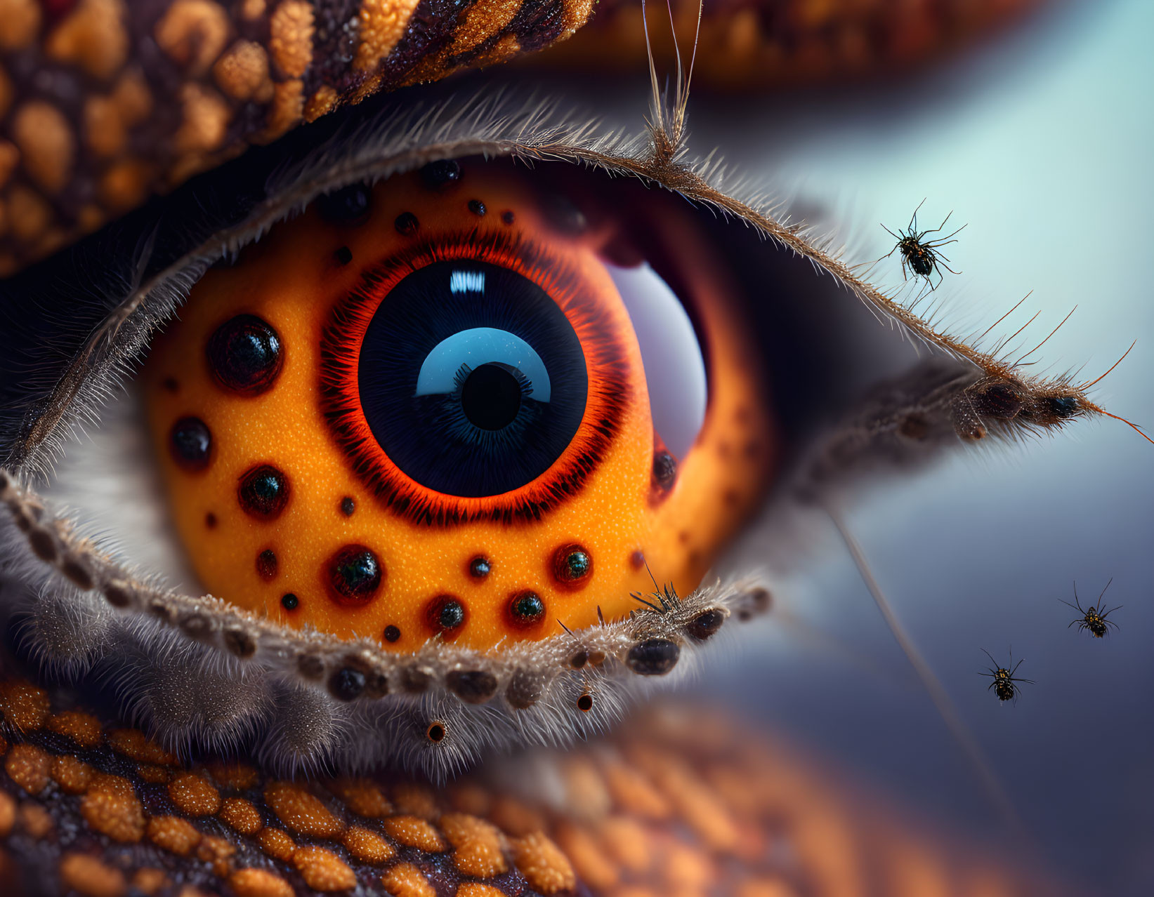 Detailed Close-Up of Vibrant Orange and Blue Gecko Eye with Surrounding Scales and Insects
