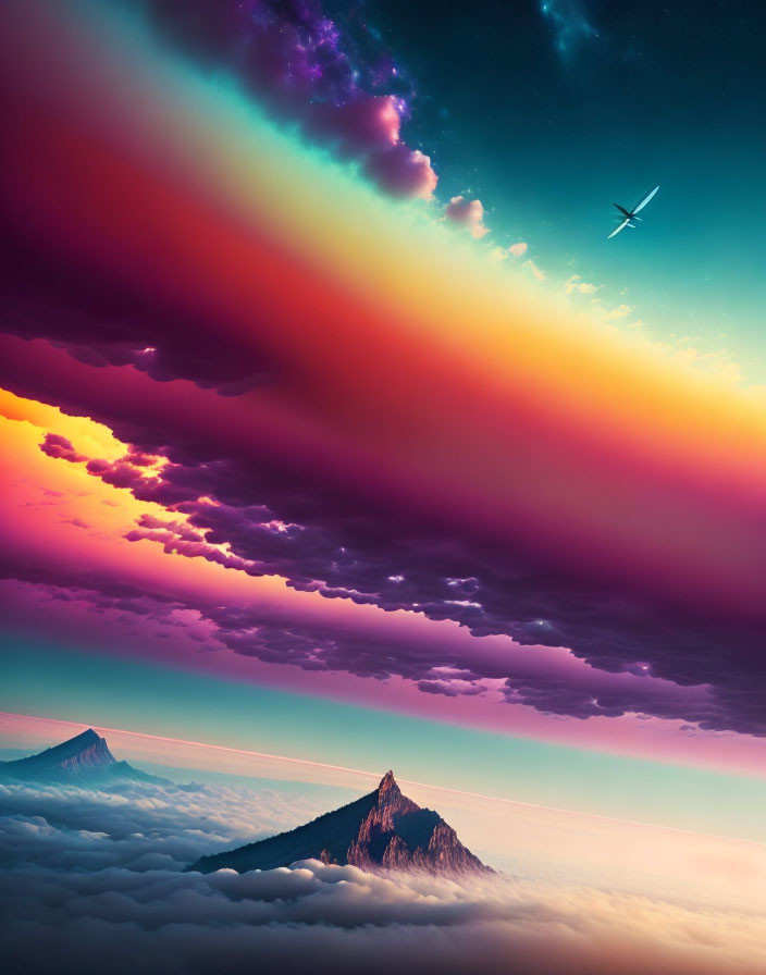 Colorful surreal skyscape over misty mountains with plane and rainbow cloud formation