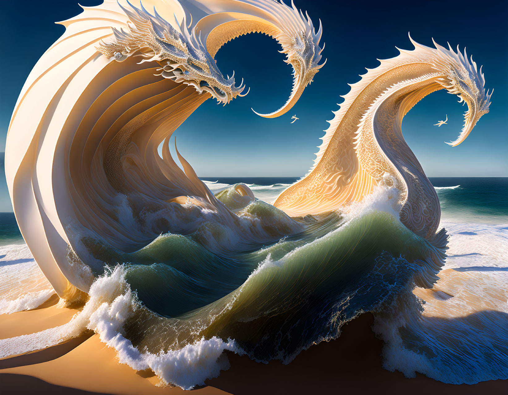 Ocean Wave Dragons Soar Under Blue Sky