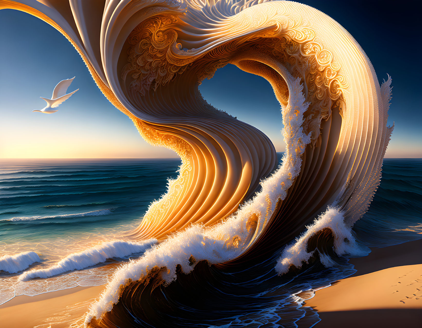 Stylized ocean wave with intricate patterns against sunset sky