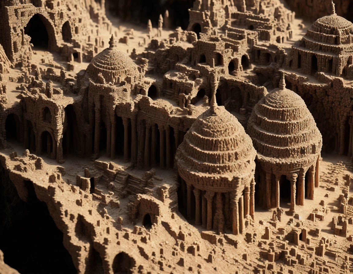 Detailed sandcastle structures with domes, arches, and levels resembling ancient temples.