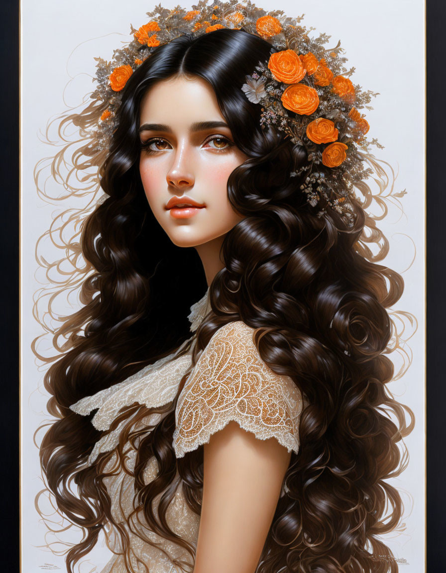 Portrait of young woman with long wavy brown hair and floral adornments in lace dress