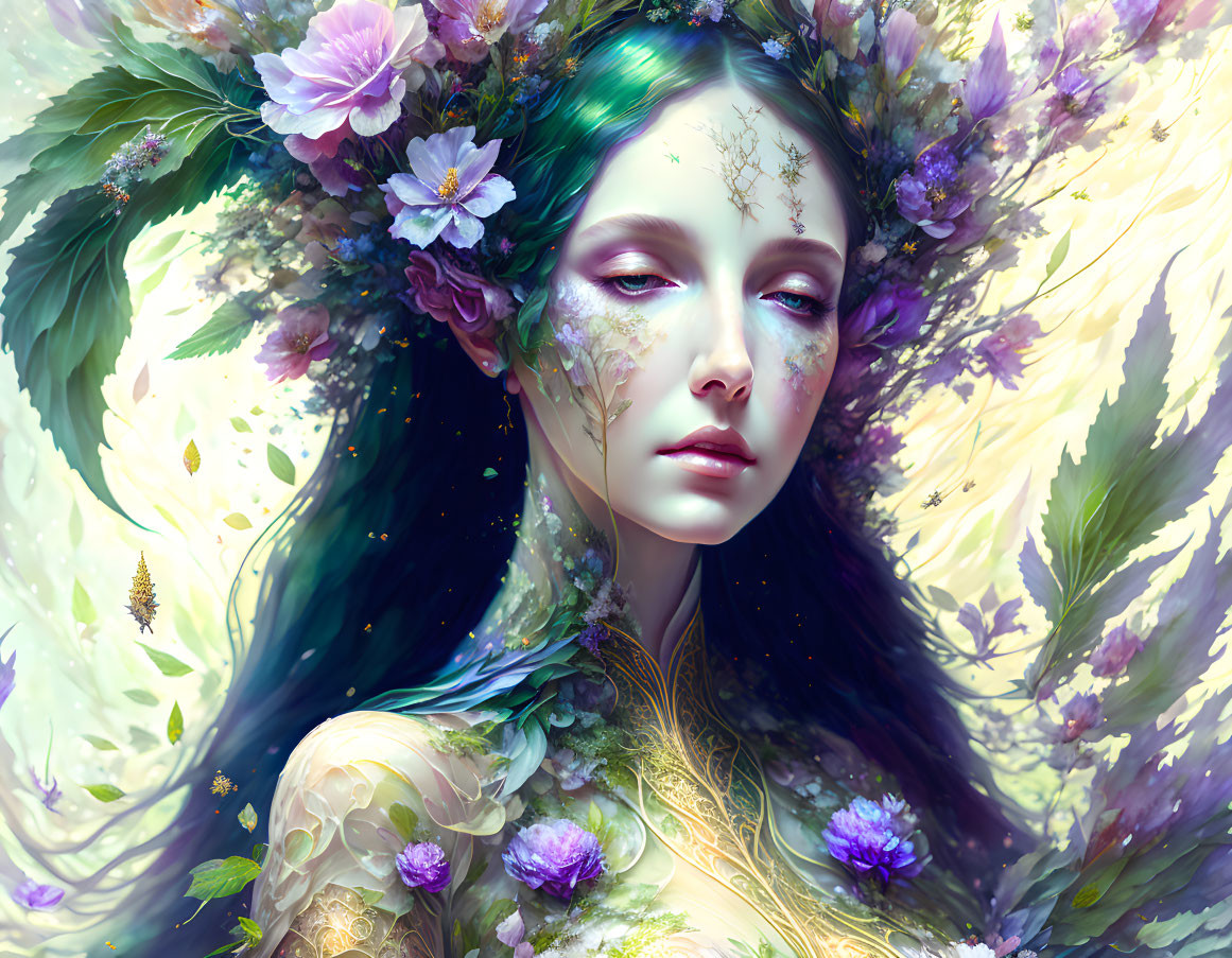 Fantasy portrait of woman with floral crown and green hair in vibrant botanical composition