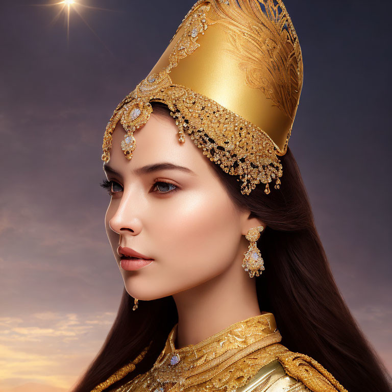 Profile of Woman in Luxurious Golden Headdress with Feather Motifs