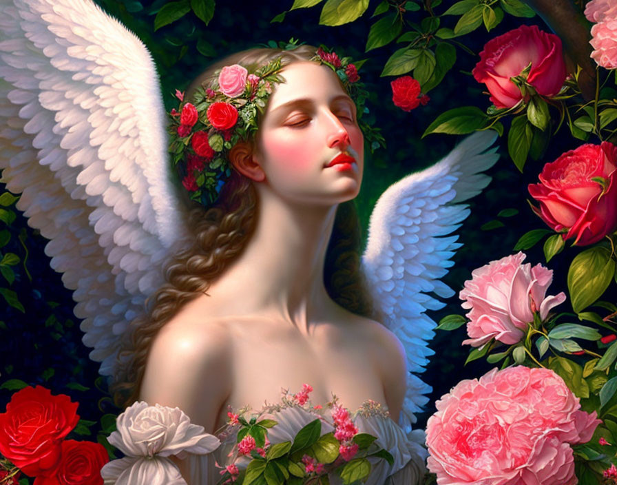 White-winged angel amidst red roses and floral wreath symbolizing tranquility.