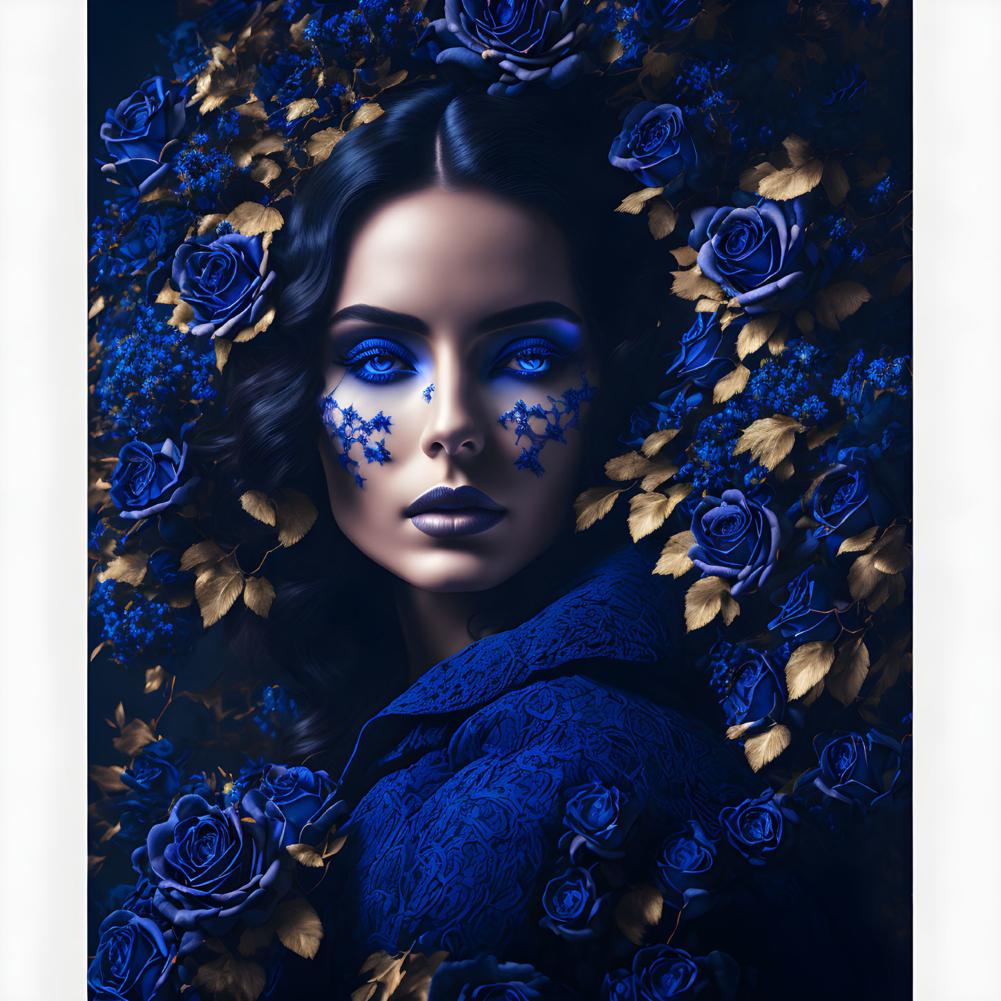 Portrait of woman with blue rose and floral makeup on dark background