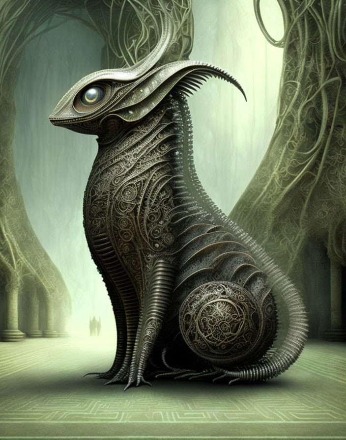 Intricate mechanical creature with large eyes and curved horn in ethereal forest