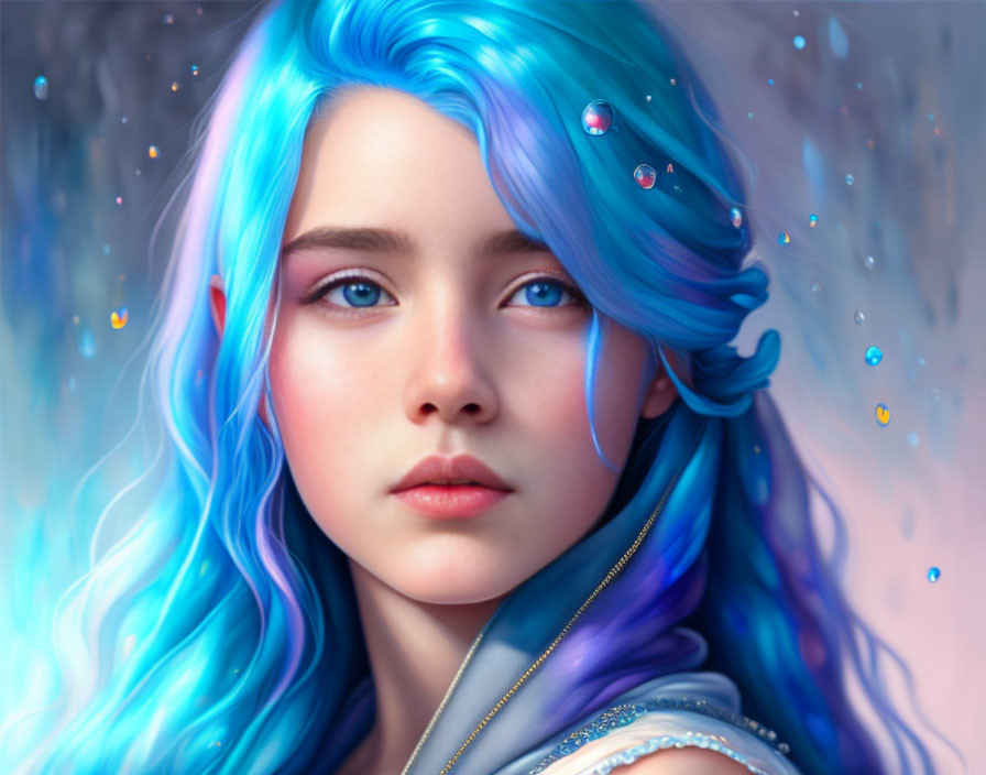 Vibrant digital portrait of young woman with blue hair and eyes.