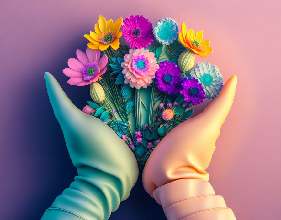 Colorful Gloved Hands Holding Vibrant Flower Bouquet on Purple Background