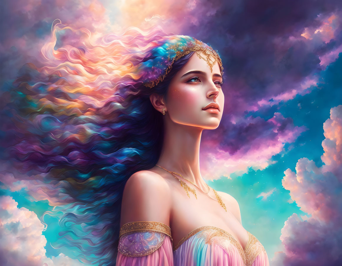 Colorful digital art portrait of a woman with flowing headpiece against vibrant sky and fluffy clouds.