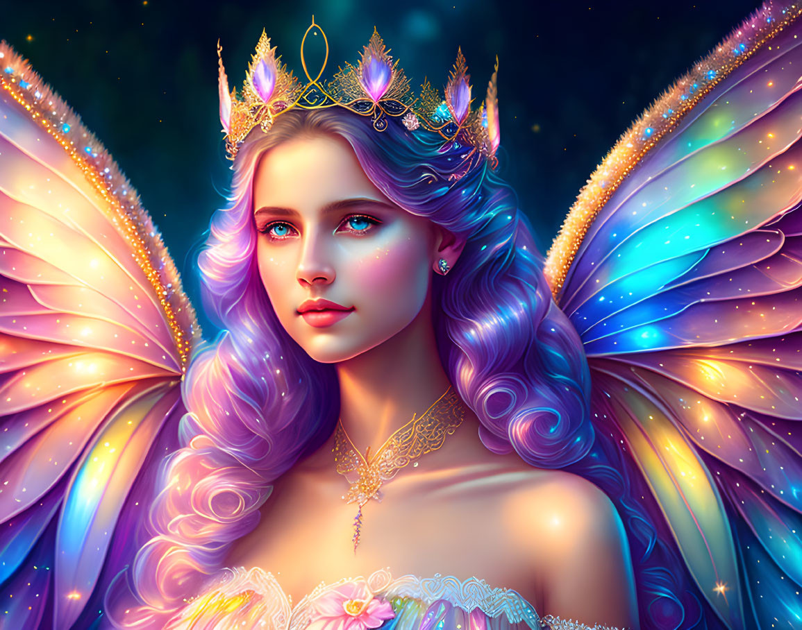 Fantasy illustration of fairy queen with luminescent wings and jeweled crown