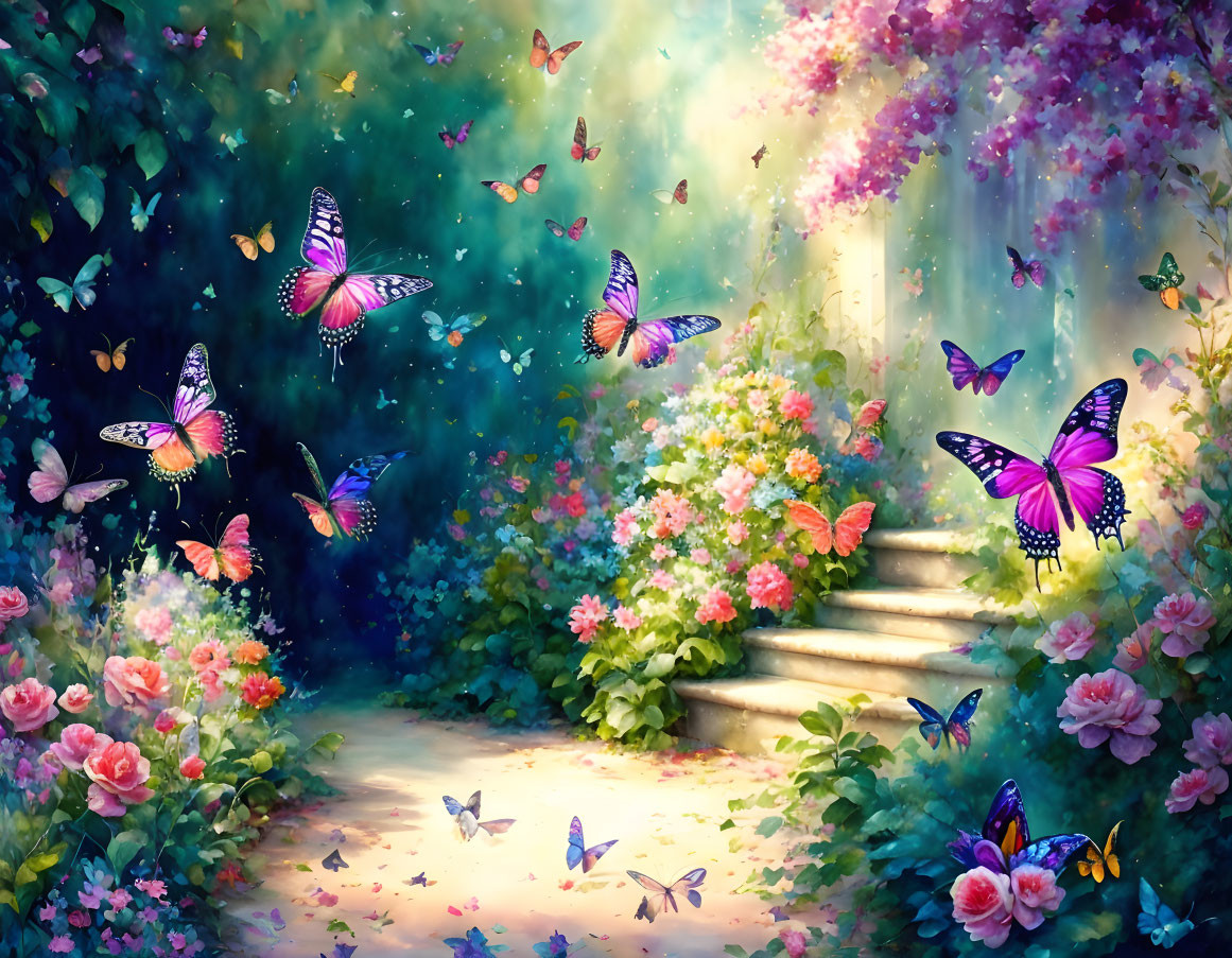 Colorful butterflies flutter around blooming flowers in lush garden scene.