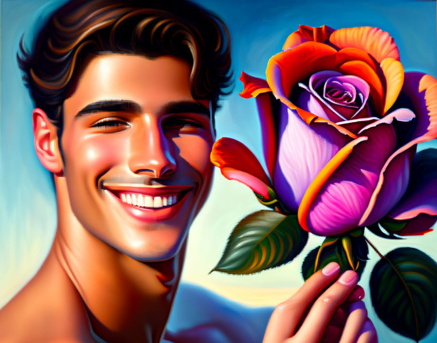 Young man holding vibrant rose with perfect teeth on blue background