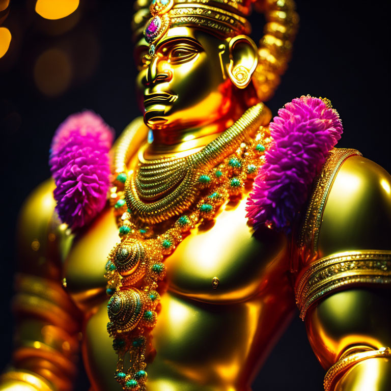 Golden Hindu Deity Statue with Jewelry and Flowers on Dark Background