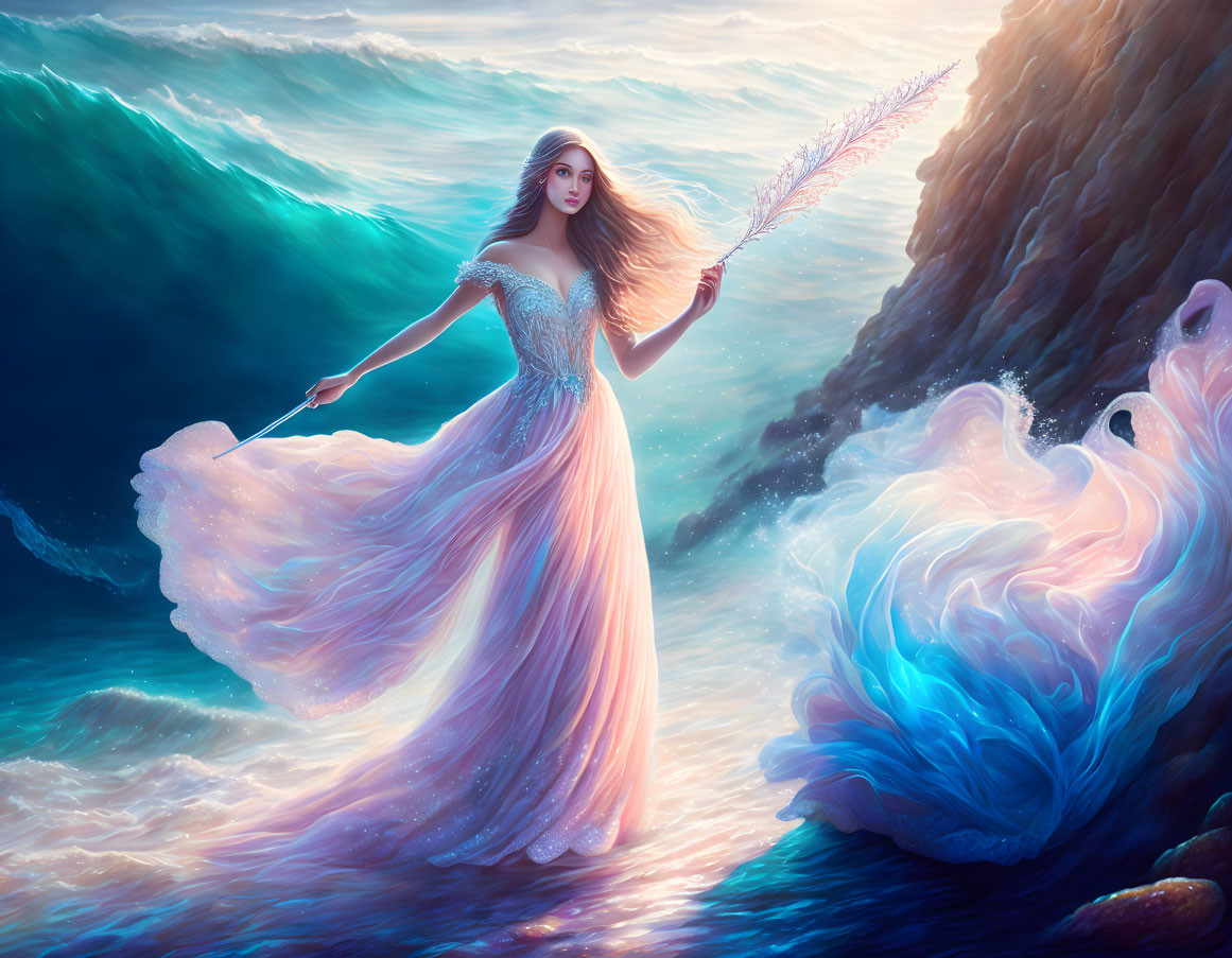 Mystical woman in flowing gown by the sea with glowing staff