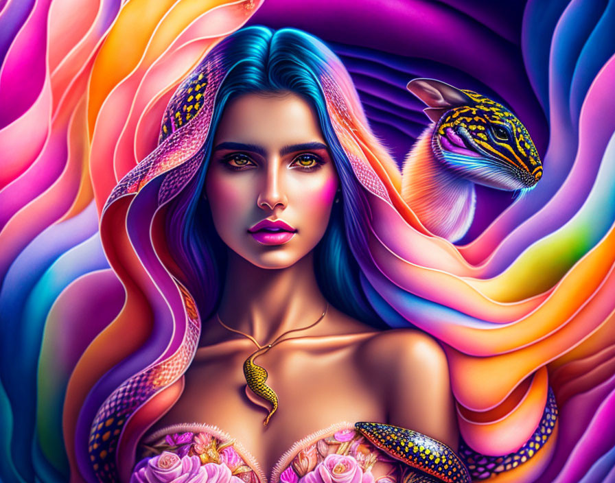 Colorful Digital Artwork: Woman with Blue Eyes and Swirling Patterns, Stylized Snake