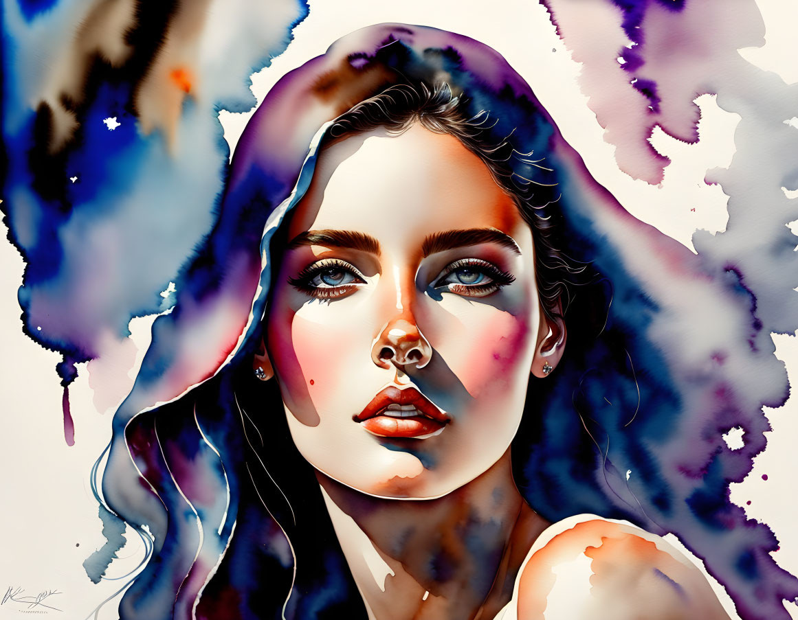 Vibrant watercolor splashes on woman's portrait in blue and brown