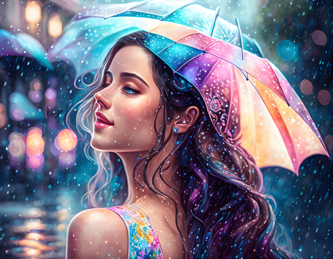 Long-haired woman with colorful umbrella in glittering rain and bokeh lights.