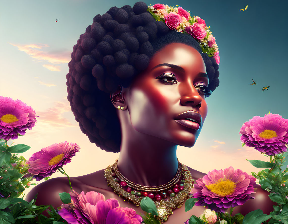 Dark-Skinned Woman Portrait with Purple Flowers and Floral Crown