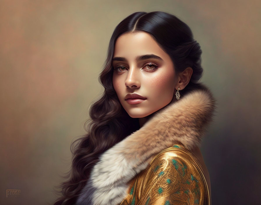 Portrait of woman with long wavy hair in fur stole and golden garment