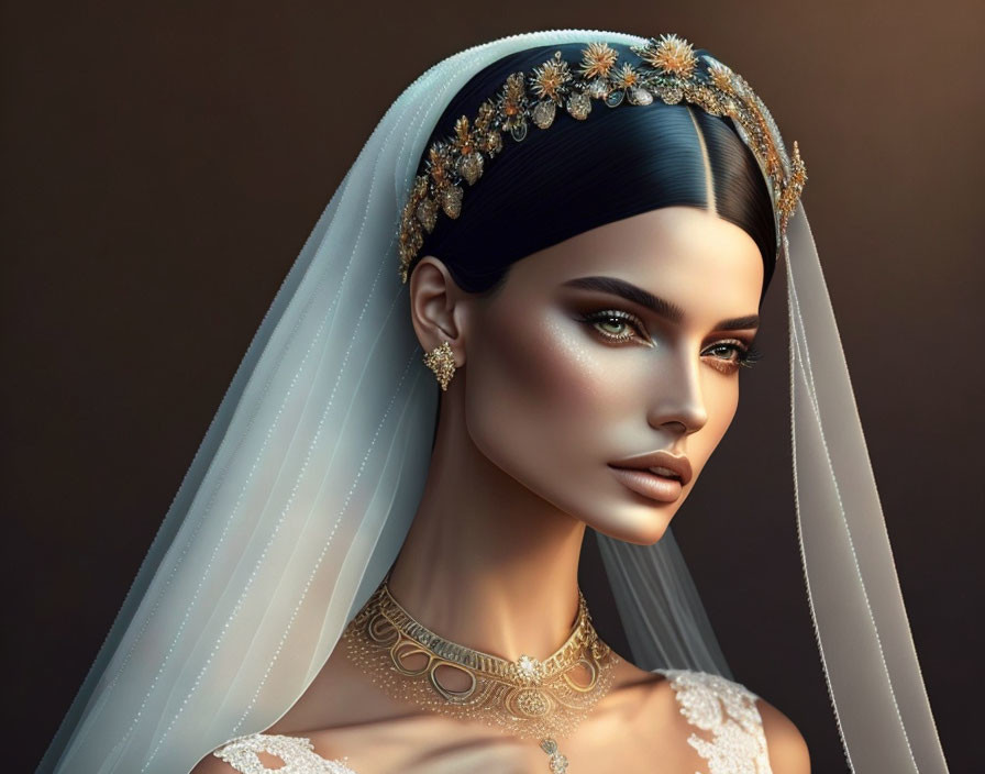 Detailed Bride Illustration with Headpiece, Veil, and Jewelry