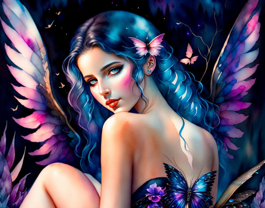 Woman with Vibrant Butterfly Wings and Butterflies in Fantastical Setting