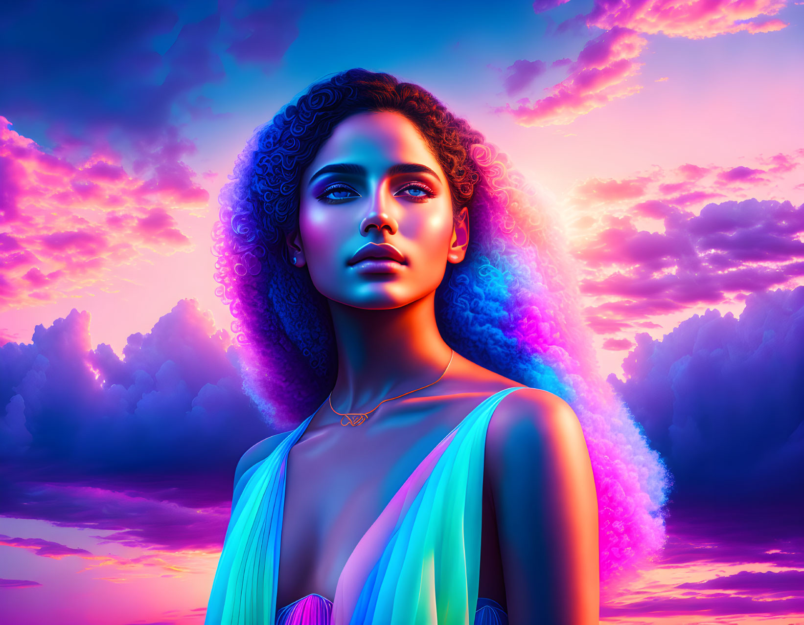 Stylized image of woman with curly hair in neon dreamlike setting