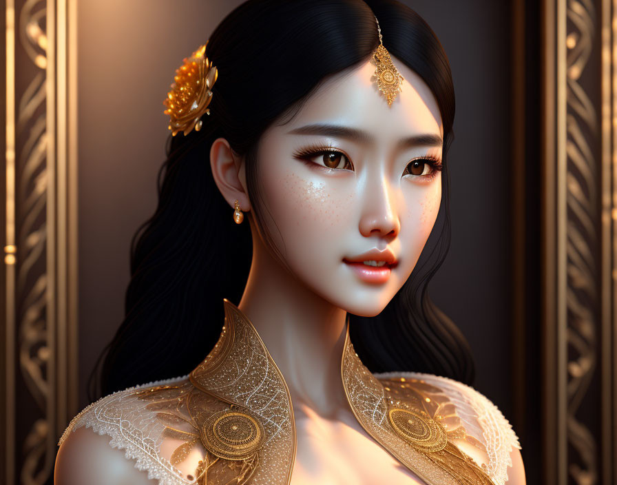 Detailed digital artwork of woman in ornate gold headpiece and attire against dark background