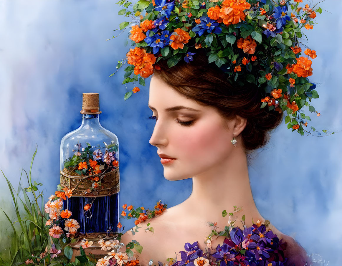 Serene woman with floral hat and bottle in painting