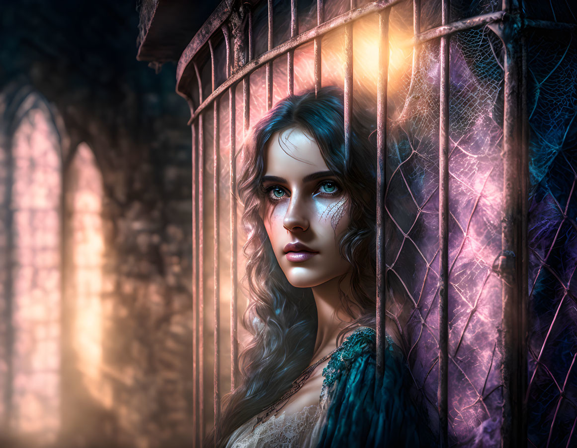 Woman with striking eyes and lace patterns in gothic window with blue light.