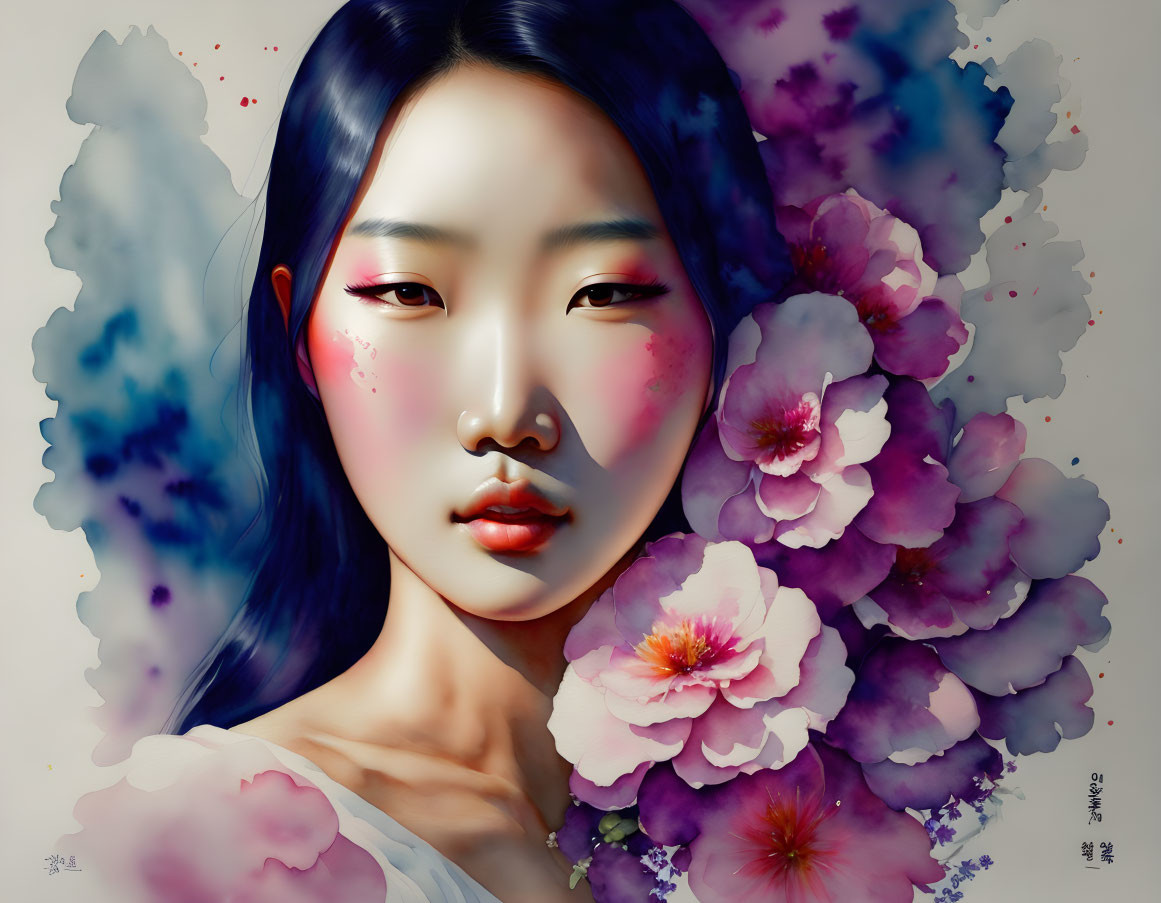 East Asian woman surrounded by purple flowers and blue watercolor splashes