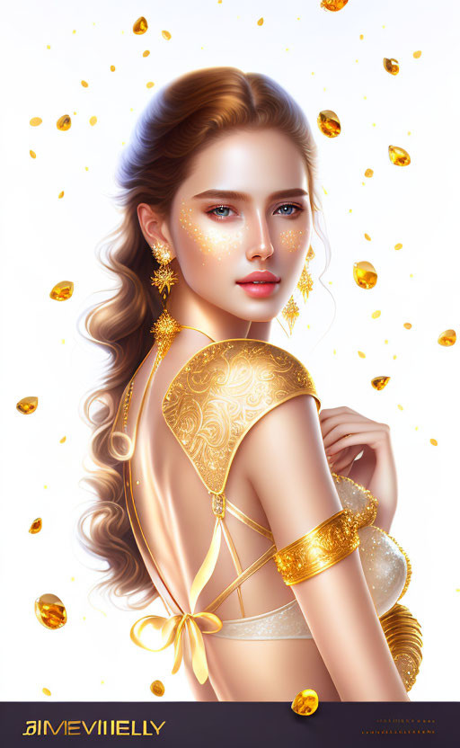 Woman with Golden Accessories and Make-Up in Ethereal Setting