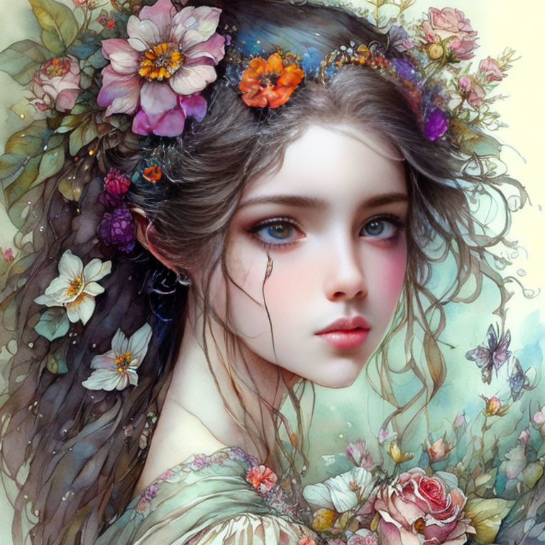 Portrait of Young Woman with Expressive Eyes and Floral Wreath