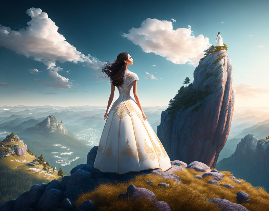 Woman in elaborate gown overlooking mountainous landscape from majestic cliff