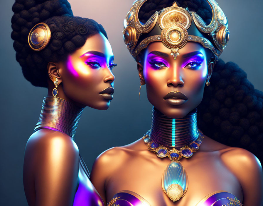 Dark-skinned women in gold and blue jewelry with elaborate headdresses and glowing makeup.