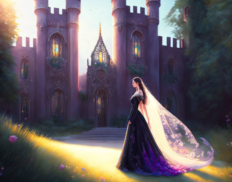 Woman in elegant gown at twilight castle with serene landscape