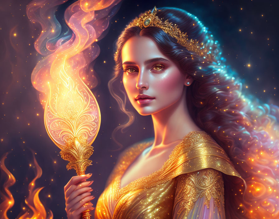 Regal woman with glowing scepter and golden tiara in cosmic flames.