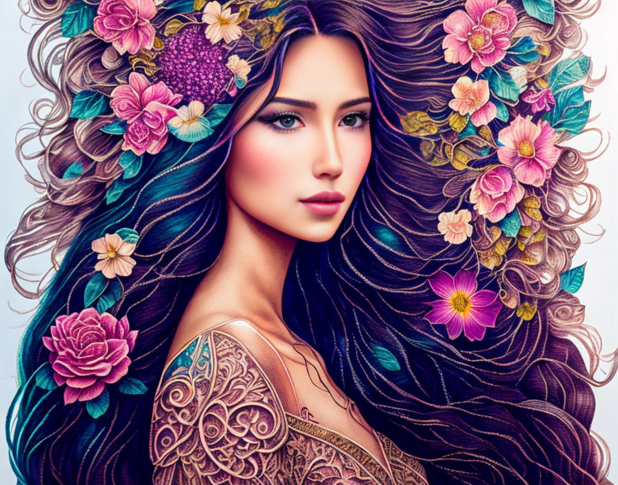 Illustrated portrait of woman with long hair and vibrant flower embellishments on blue background