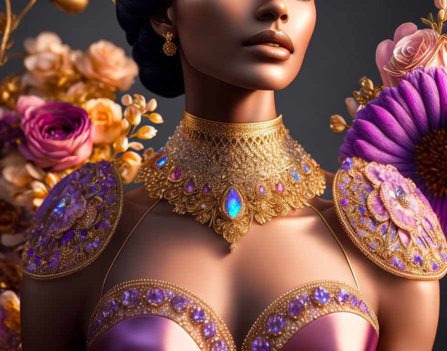 Elegant woman in gold and gemstone jewelry against floral backdrop