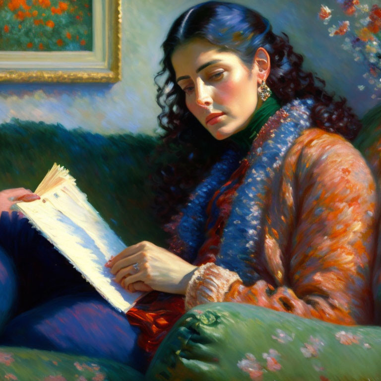 Dark-haired woman reading a book in natural light with floral surroundings