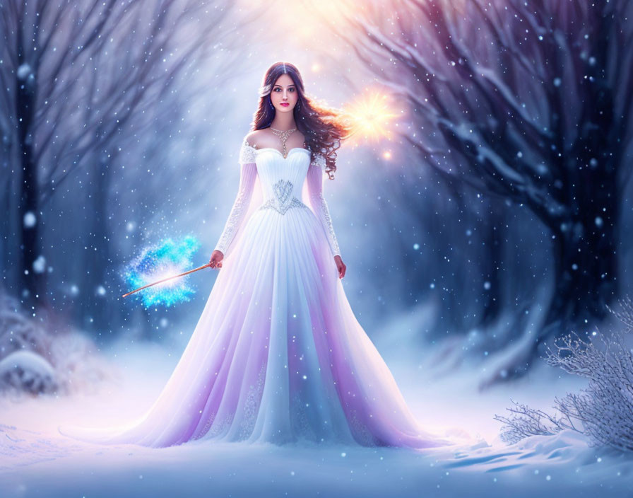 Woman in white dress with wand in mystical winter forest emitting light