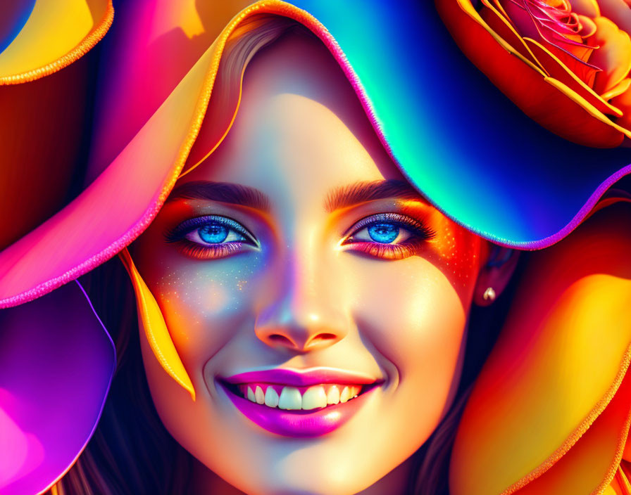 Colorful digital artwork of a smiling woman with blue eyes and a vibrant hat, illuminated in rainbow hues