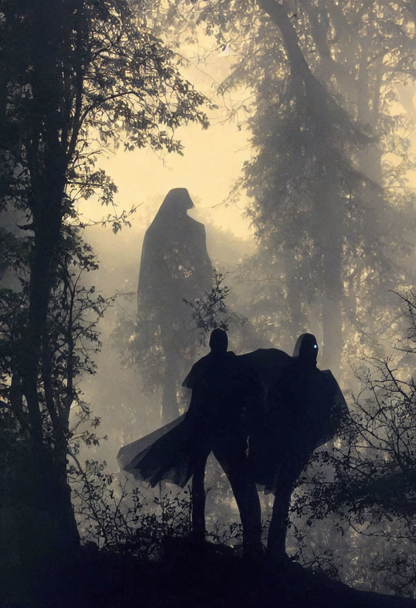 Misty forest scene with silhouetted figures and bird-like wings