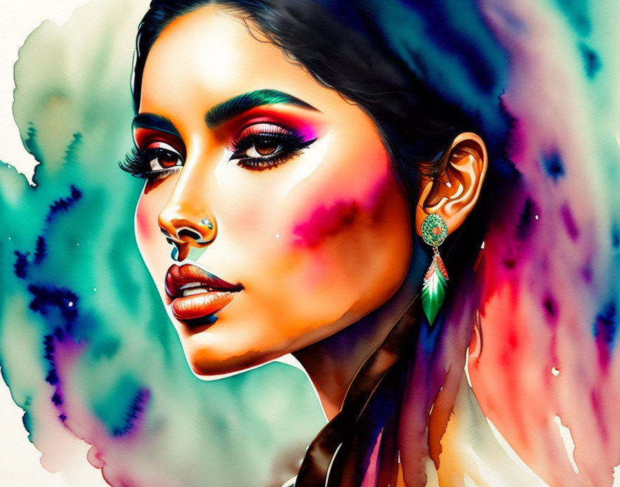 Vibrant makeup on woman with colorful, abstract background