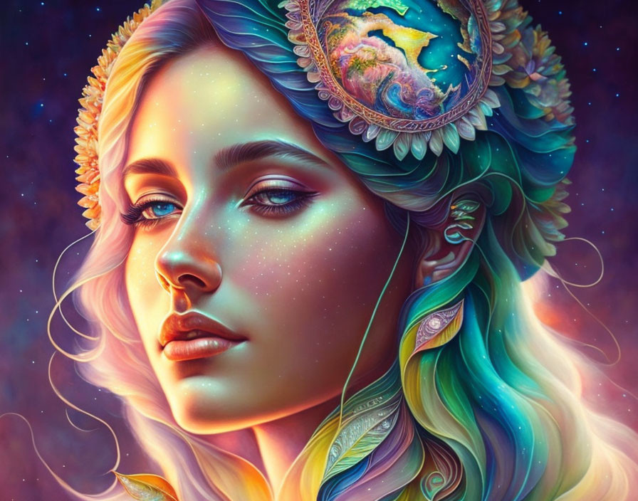 Cosmic-themed portrait of a woman with earth diadem and floral elements