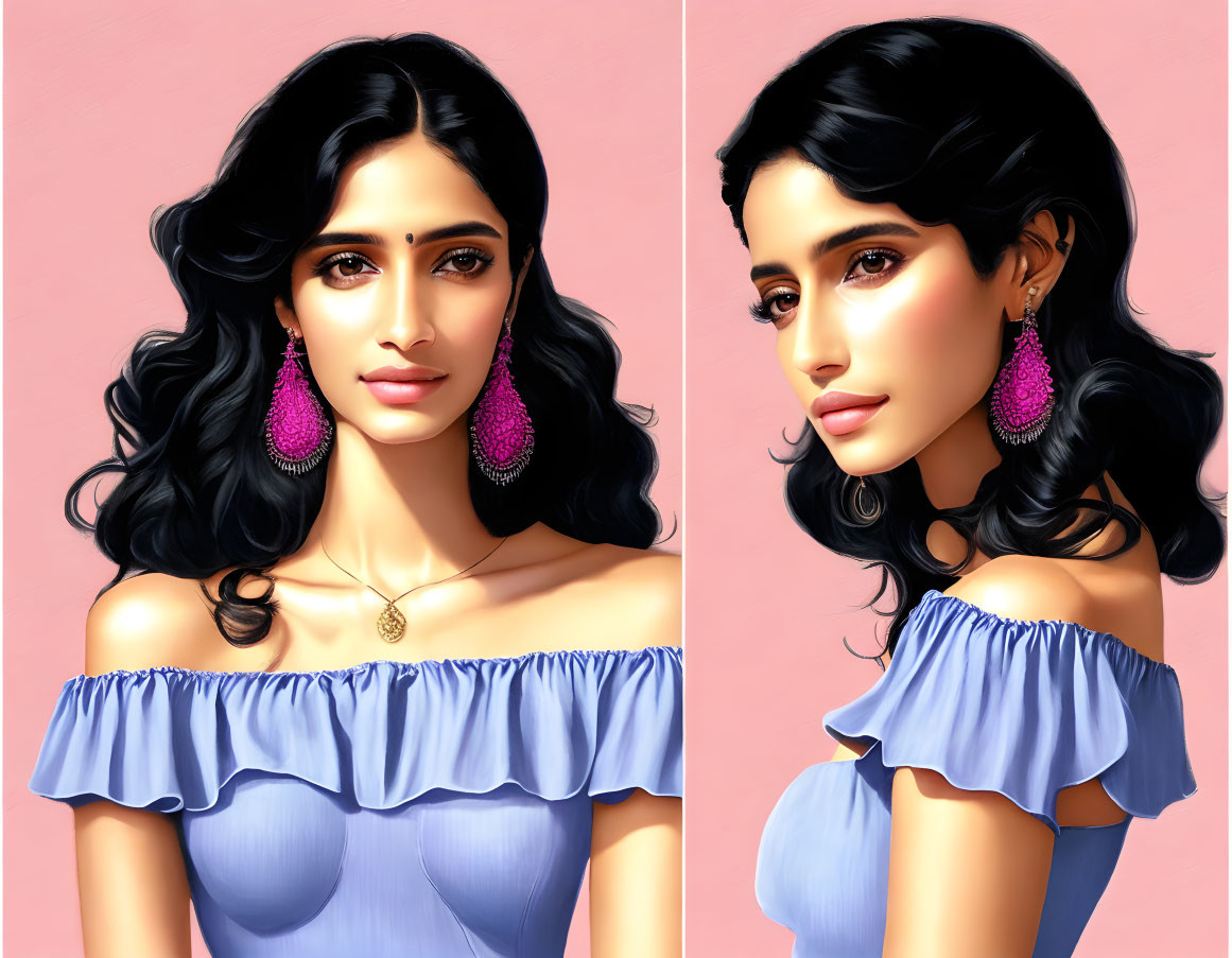 Dark-haired woman in off-shoulder top and pink earrings, dual side and front portraits on pink